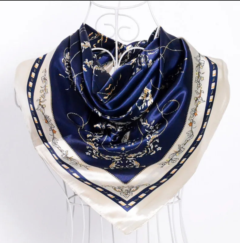 Anyyou Fashion Premium Satin Square Scarf – Elegant Navy Blue Silk-Feel Neckwrap for Women