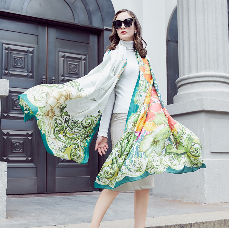 Anyyou 100% Mulberry Silk Light Green Long Scarf Luxury Brand Women Beach Shawl Wear Swimwear Pashimina Face Shield Foulard