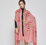 Anyyou 100% Pure Merino Wool Pink Floral Garden Stylish Poncho Winter Large Scarf With Trendy Pashmina Shawl Bandana  For Womenfashion Design