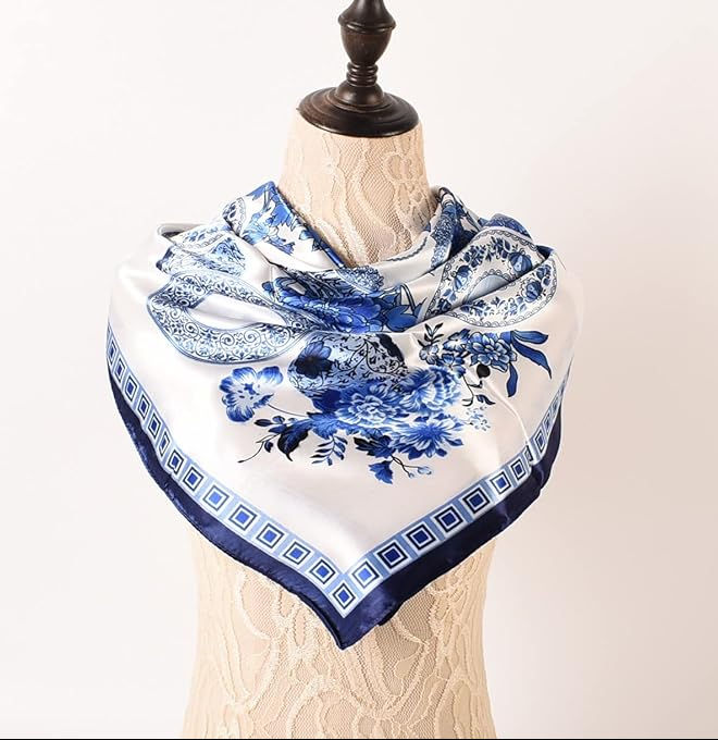 Anyyou Fashion Premium Satin Square Scarf – Blue White Vase Silk-Feel Neckwrap for Women