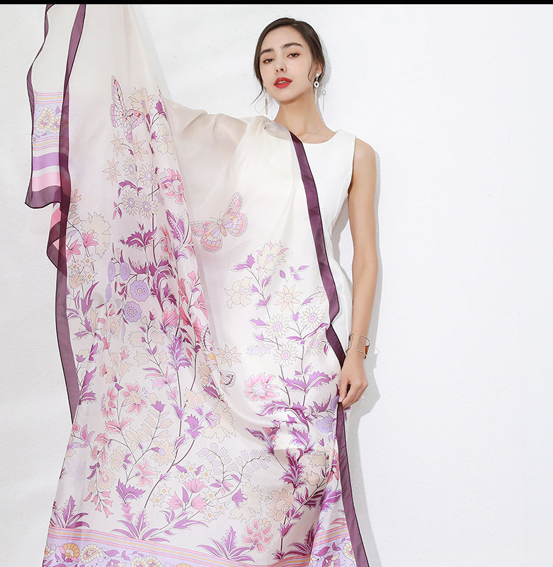 Anyyou 100% Mulberry Silk Purple Long Scarf Luxury Brand Women Beach Shawl Wear Swimwear Pashimina Face Shield Foulard