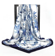 Anyyou Fashion Premium Satin Square Scarf – Blue White Vase Silk-Feel Neckwrap for Women