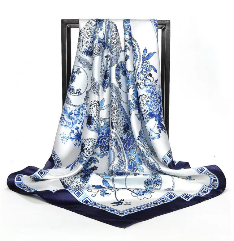 Anyyou Fashion Premium Satin Square Scarf – Blue White Vase Silk-Feel Neckwrap for Women