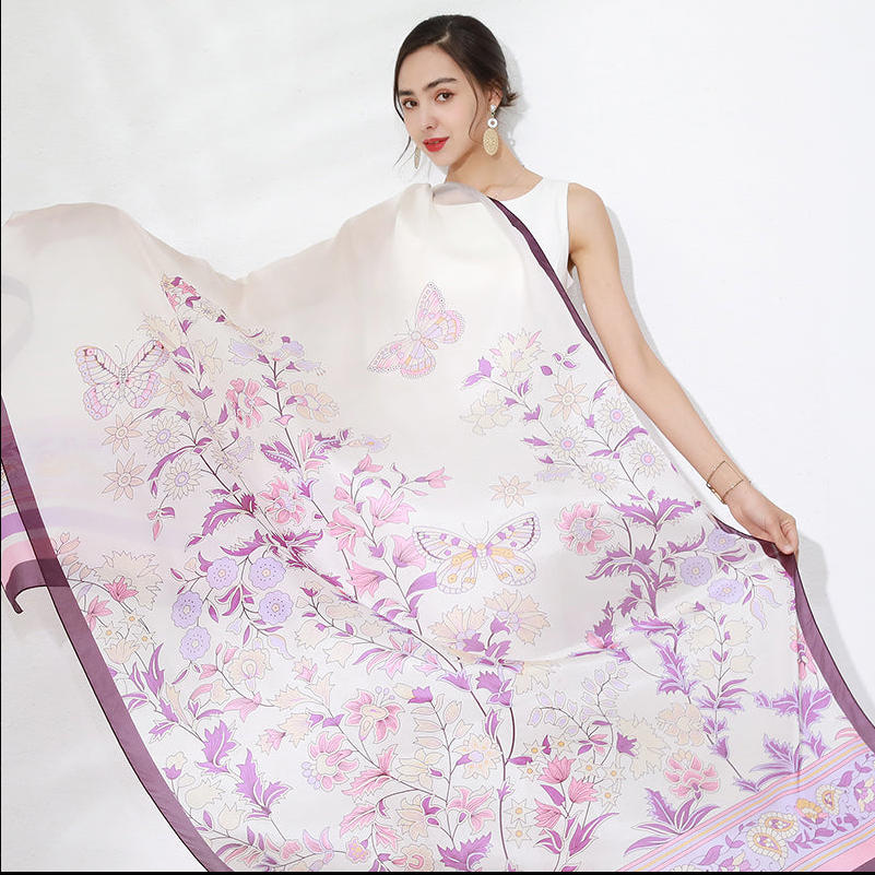 Anyyou 100% Mulberry Silk Purple Long Scarf Luxury Brand Women Beach Shawl Wear Swimwear Pashimina Face Shield Foulard