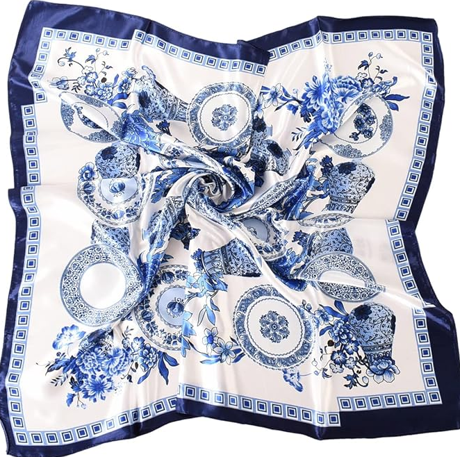 Anyyou Fashion Premium Satin Square Scarf – Blue White Vase Silk-Feel Neckwrap for Women