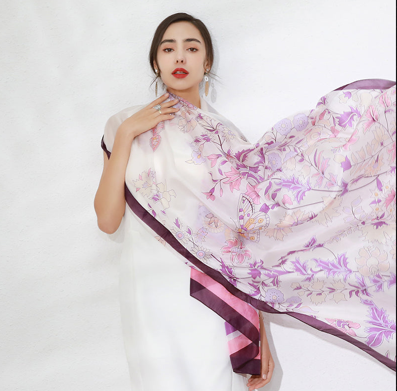 Anyyou 100% Mulberry Silk Purple Long Scarf Luxury Brand Women Beach Shawl Wear Swimwear Pashimina Face Shield Foulard