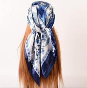 Anyyou Fashion Premium Satin Square Scarf – Blue White Vase Silk-Feel Neckwrap for Women