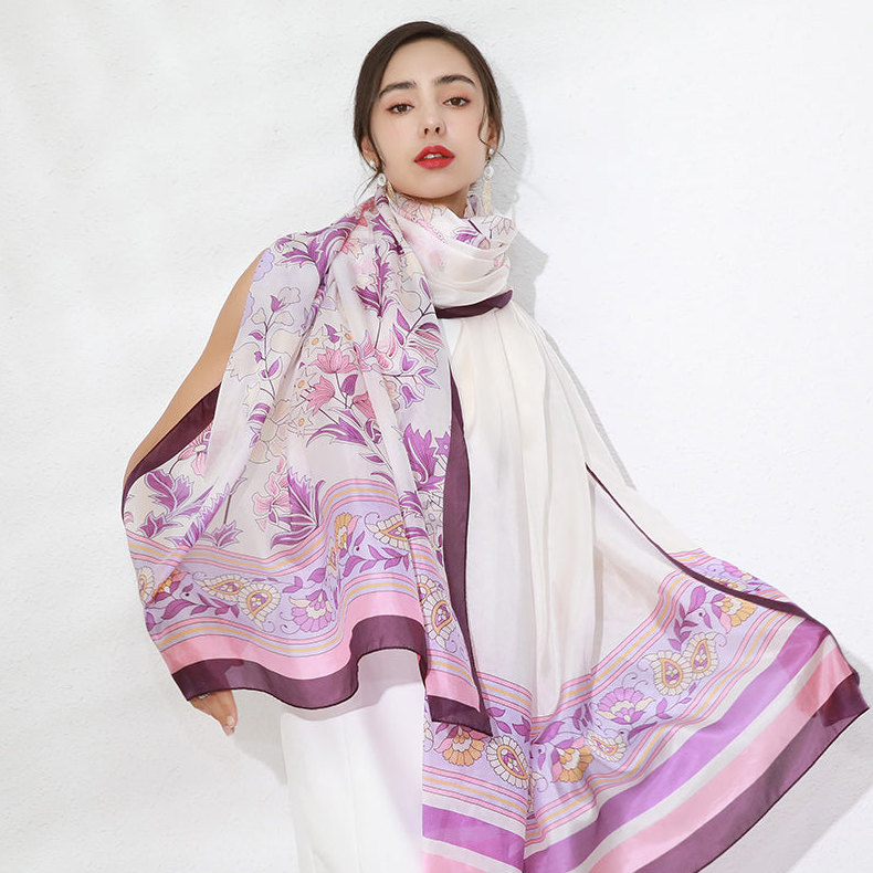 Anyyou 100% Mulberry Silk Purple Long Scarf Luxury Brand Women Beach Shawl Wear Swimwear Pashimina Face Shield Foulard