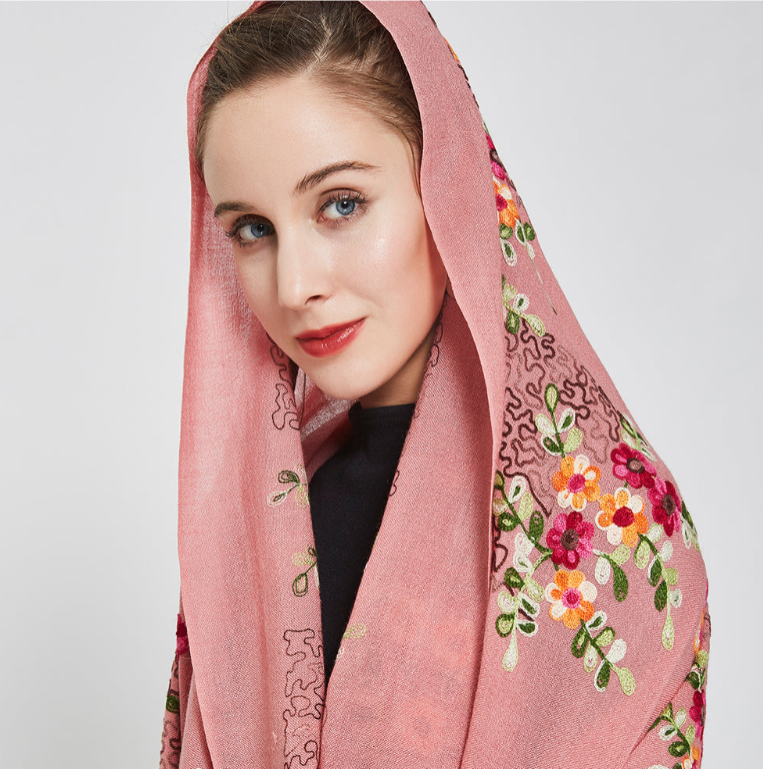 Anyyou 100% Pure Merino Wool Pink Floral Garden Stylish Poncho Winter Large Scarf With Trendy Pashmina Shawl Bandana  For Womenfashion Design