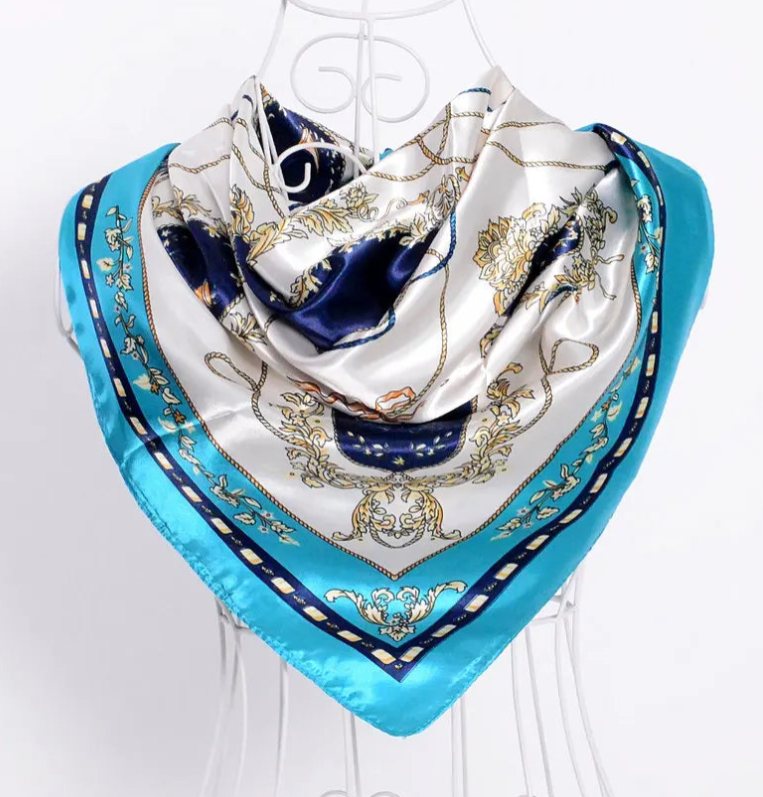 Anyyou Fashion Premium Satin Square Scarf – Elegant Lake Blue Silk-Feel Neckwrap for Women