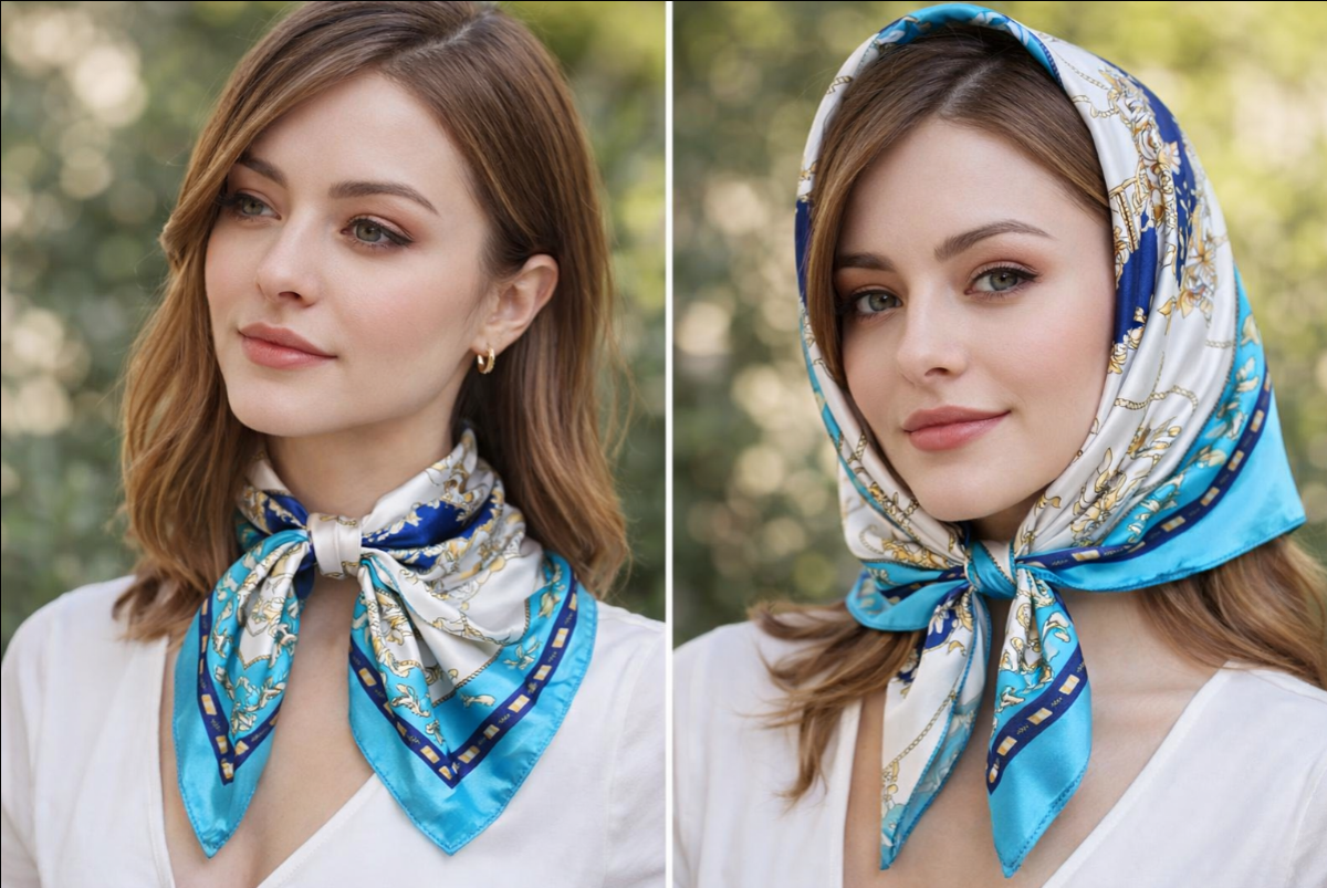 Anyyou Fashion Premium Satin Square Scarf – Elegant Lake Blue Silk-Feel Neckwrap for Women