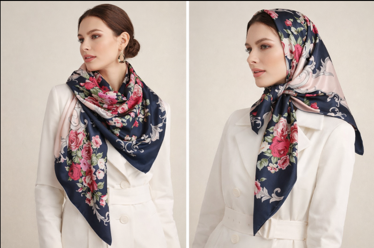 Anyyou Fashion Premium Satin Square Scarf – Navy Blue Garadon Silk-Feel Neckwrap for Women
