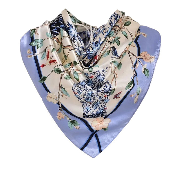 Anyyou Fashion Premium Satin Square Scarf – Vase Blue Floral Silk-Feel Neckwrap for Women