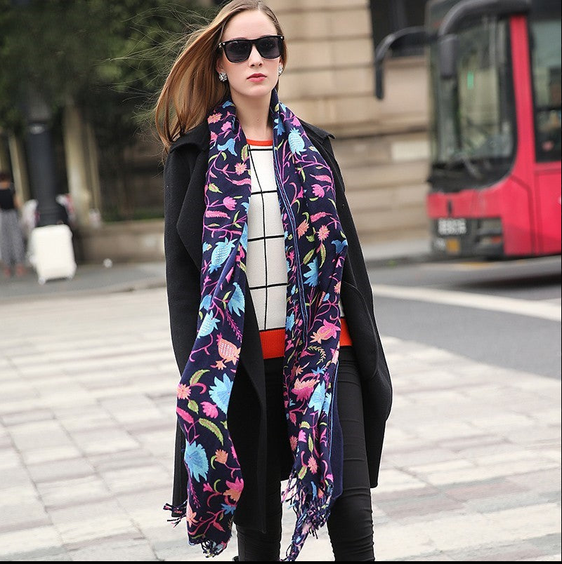 Anyyou 100% Pure Merino Wool Navy Blue Poncho Winter Large Scarf Pashmina Shawl Bandana Neck Wrap For Women