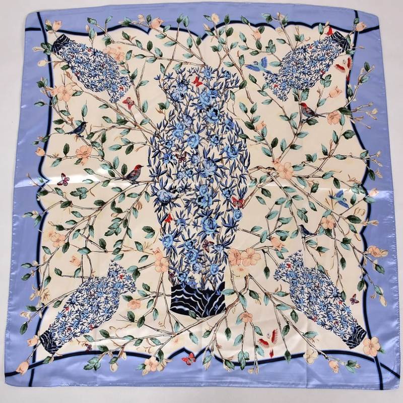 Anyyou Fashion Premium Satin Square Scarf – Vase Blue Floral Silk-Feel Neckwrap for Women