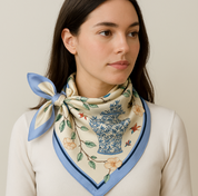 Anyyou Fashion Premium Satin Square Scarf – Vase Blue Floral Silk-Feel Neckwrap for Women