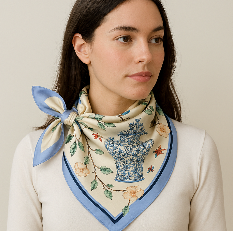 Anyyou Fashion Premium Satin Square Scarf – Vase Blue Floral Silk-Feel Neckwrap for Women
