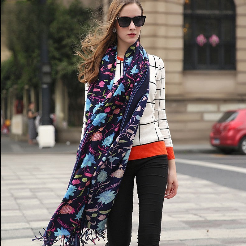 Anyyou 100% Pure Merino Wool Navy Blue Poncho Winter Large Scarf Pashmina Shawl Bandana Neck Wrap For Women