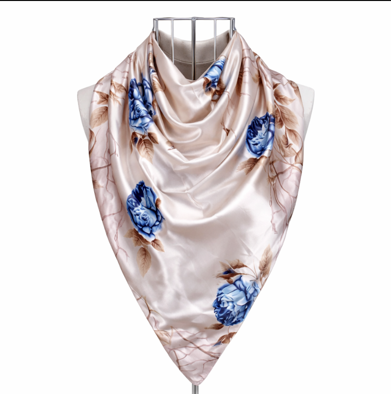 Anyyou Fashion Premium Satin Square Scarf – Grey Blue Roses Silk-Feel Neckwrap for Women