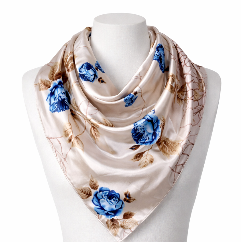 Anyyou Fashion Premium Satin Square Scarf – Grey Blue Roses Silk-Feel Neckwrap for Women