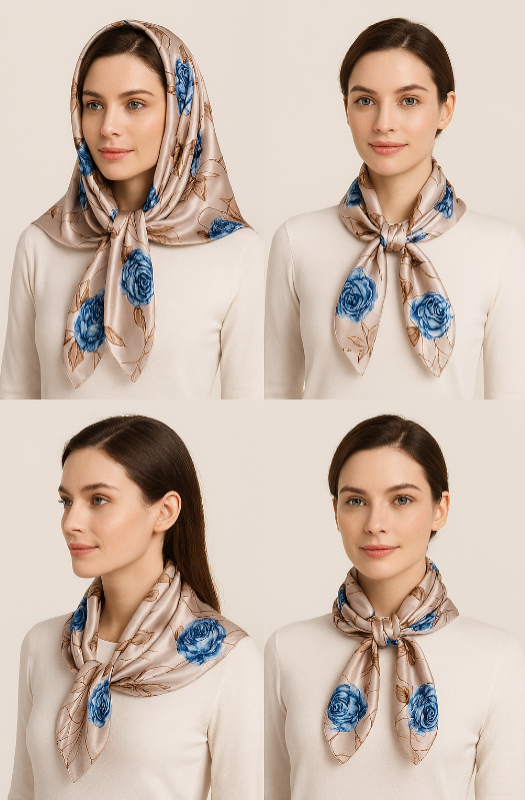 Anyyou Fashion Premium Satin Square Scarf – Grey Blue Roses Silk-Feel Neckwrap for Women