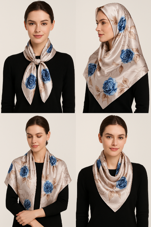 Anyyou Fashion Premium Satin Square Scarf – Grey Blue Roses Silk-Feel Neckwrap for Women