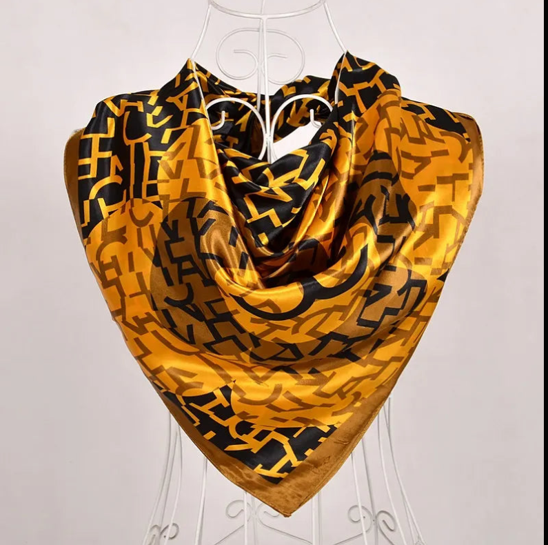 Anyyou Fashion Premium Satin Square Scarf – Gold Black Silk-Feel Neckwrap for Women