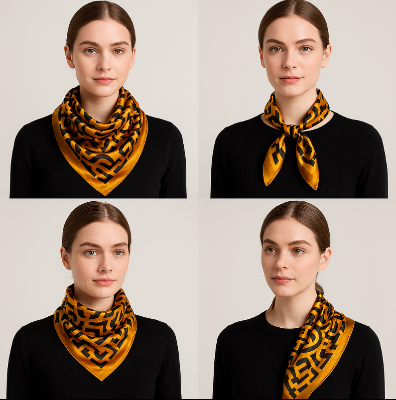 Anyyou Fashion Premium Satin Square Scarf – Gold Black Silk-Feel Neckwrap for Women