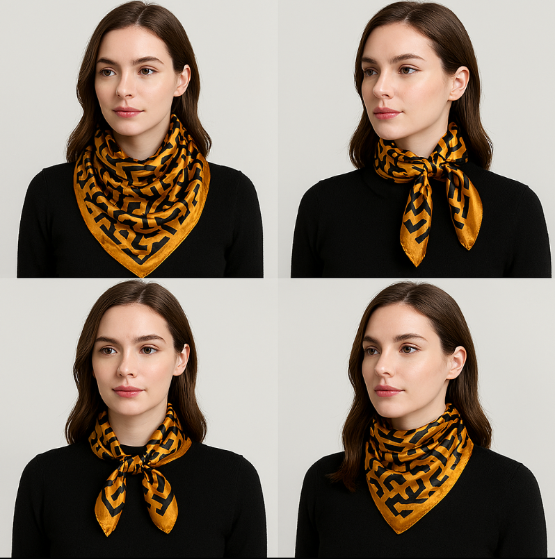 Anyyou Fashion Premium Satin Square Scarf – Gold Black Silk-Feel Neckwrap for Women