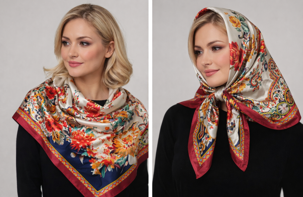 Anyyou Fashion Premium Satin Square Scarf – Red Beige Silk-Feel Neckwrap for Women