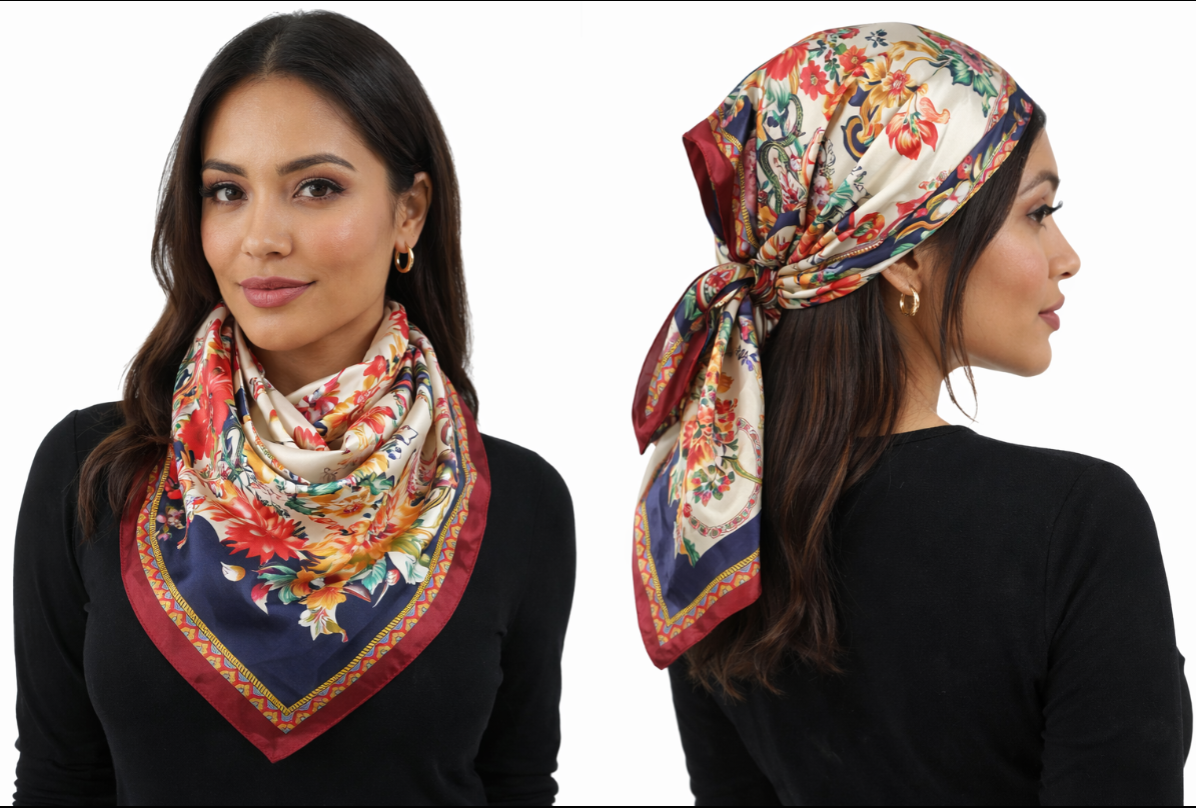Anyyou Fashion Premium Satin Square Scarf – Red Beige Silk-Feel Neckwrap for Women