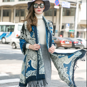 Anyyou 100% Pure Merino Wool Blue Tiki Pattern Stylish Poncho Winter Large Scarf With Trendy Pashmina Shawl Bandana  For Womenfashion Design