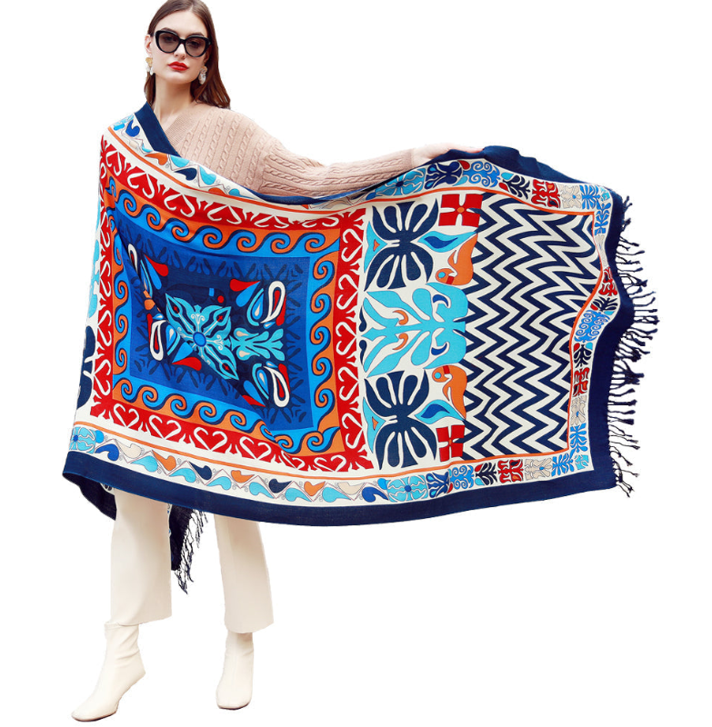 Anyyou 100% Merino Wool Blue Chevron Neck Wrap Silk Satin Large Winter Scarf Pashmina Shawl Bandana Perfect For Women Ladies Fashion Style