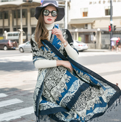 Anyyou 100% Pure Merino Wool Blue Tiki Pattern Stylish Poncho Winter Large Scarf With Trendy Pashmina Shawl Bandana  For Womenfashion Design