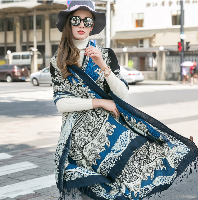 Anyyou 100% Pure Merino Wool Blue Tiki Pattern Stylish Poncho Winter Large Scarf With Trendy Pashmina Shawl Bandana  For Womenfashion Design