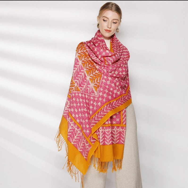 Anyyou 100% Pure Merino Wool Rose Pink Poncho Winter Large Scarf Pashmina Shawl Bandana Neck Wrap For Women