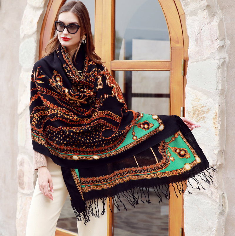 Anyyou 100% Merino Wool Brown Ancient Elegance Silk Satin Large Winter Scarf Pashmina Shawl Bandana Perfect For Women Ladies Fashion Style