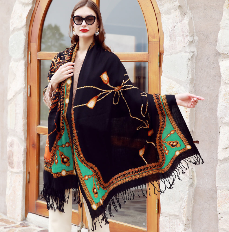 Anyyou 100% Merino Wool Brown Ancient Elegance Silk Satin Large Winter Scarf Pashmina Shawl Bandana Perfect For Women Ladies Fashion Style