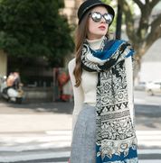 Anyyou 100% Pure Merino Wool Blue Tiki Pattern Stylish Poncho Winter Large Scarf With Trendy Pashmina Shawl Bandana  For Womenfashion Design