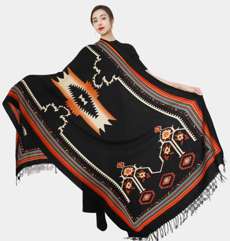 Anyyou 100% Merino Wool Black and Pattern Cross Neck Wrap Silk Satin Large Winter Scarf Pashmina Shawl Bandana Perfect for Women Ladies Fashion Style