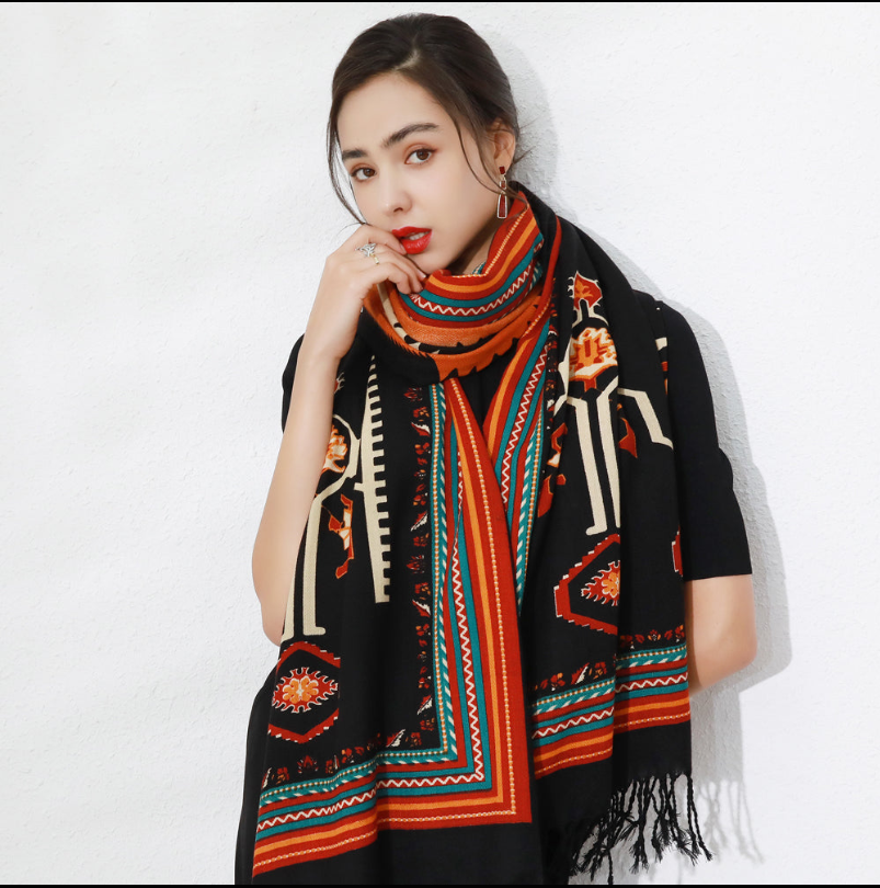 Anyyou 100% Merino Wool Black and Pattern Cross Neck Wrap Silk Satin Large Winter Scarf Pashmina Shawl Bandana Perfect for Women Ladies Fashion Style