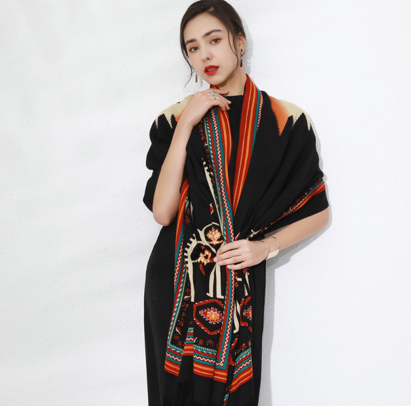Anyyou 100% Merino Wool Black and Pattern Cross Neck Wrap Silk Satin Large Winter Scarf Pashmina Shawl Bandana Perfect for Women Ladies Fashion Style