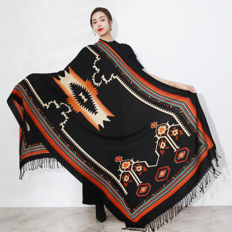 Anyyou 100% Merino Wool Black and Pattern Cross Neck Wrap Silk Satin Large Winter Scarf Pashmina Shawl Bandana Perfect for Women Ladies Fashion Style
