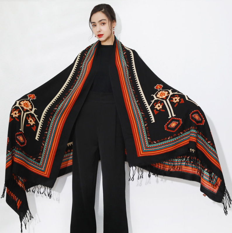 Anyyou 100% Merino Wool Black and Pattern Cross Neck Wrap Silk Satin Large Winter Scarf Pashmina Shawl Bandana Perfect for Women Ladies Fashion Style