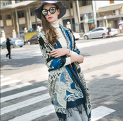 Anyyou 100% Pure Merino Wool Blue Tiki Pattern Stylish Poncho Winter Large Scarf With Trendy Pashmina Shawl Bandana  For Womenfashion Design