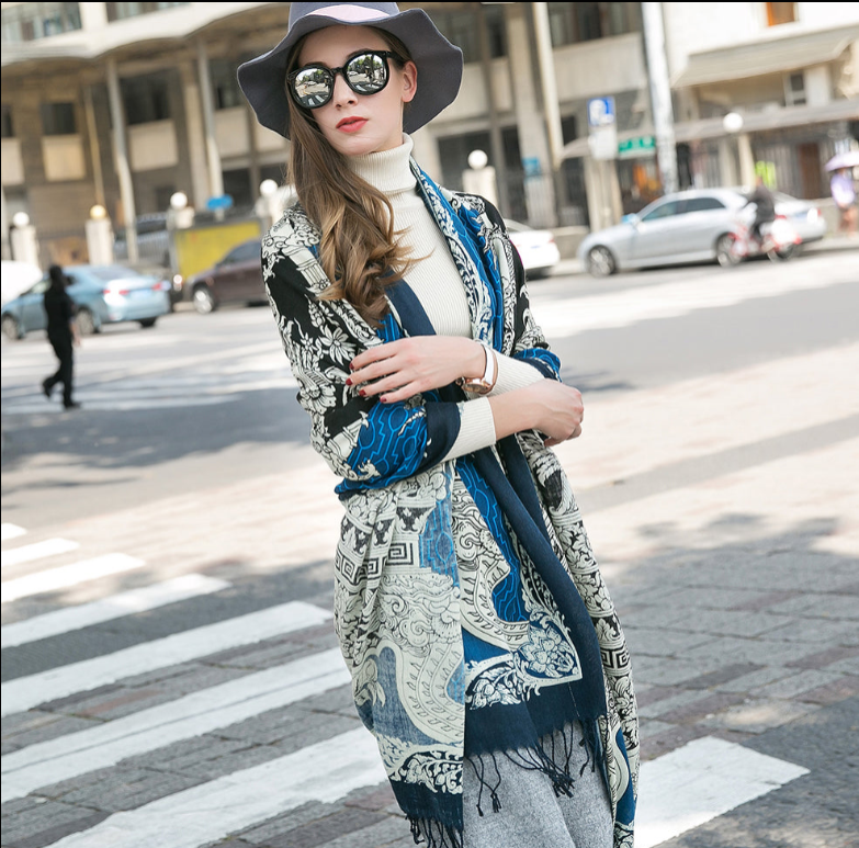 Anyyou 100% Pure Merino Wool Blue Tiki Pattern Stylish Poncho Winter Large Scarf With Trendy Pashmina Shawl Bandana  For Womenfashion Design