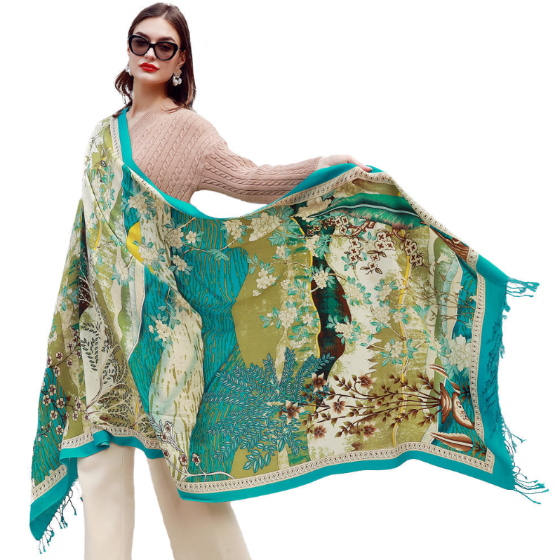 Anyyou 100% Merino Wool Green Neck Wrap Silk Satin Large Winter Scarf Pashmina Shawl Bandana Perfect For Women Ladies Fashion Style