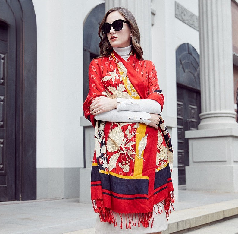 Anyyou 100% Pure Merino Wool Apple Red Poncho Winter Large Scarf Pashmina Shawl Bandana Neck Wrap For Women