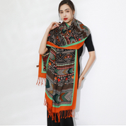 Anyyou 100% Merino Wool Orange And Patterns Neck Wrap Silk Satin Large Winter Scarf Pashmina Shawl Bandana Perfect For Women Ladies Fashion Style