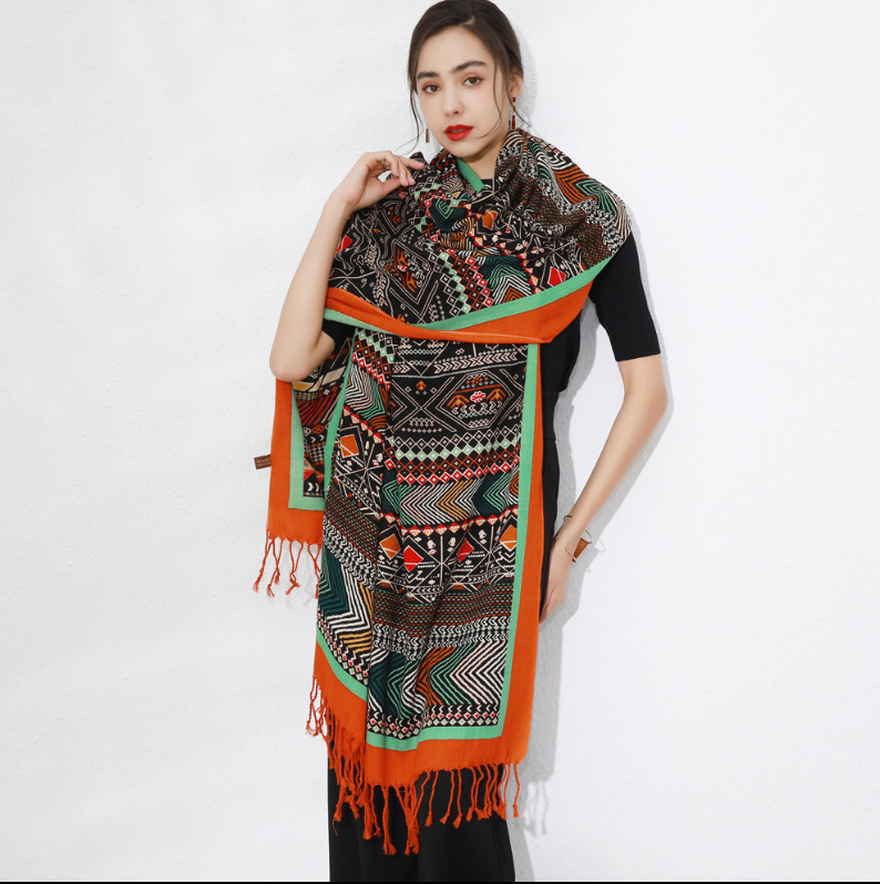 Anyyou 100% Merino Wool Orange And Patterns Neck Wrap Silk Satin Large Winter Scarf Pashmina Shawl Bandana Perfect For Women Ladies Fashion Style